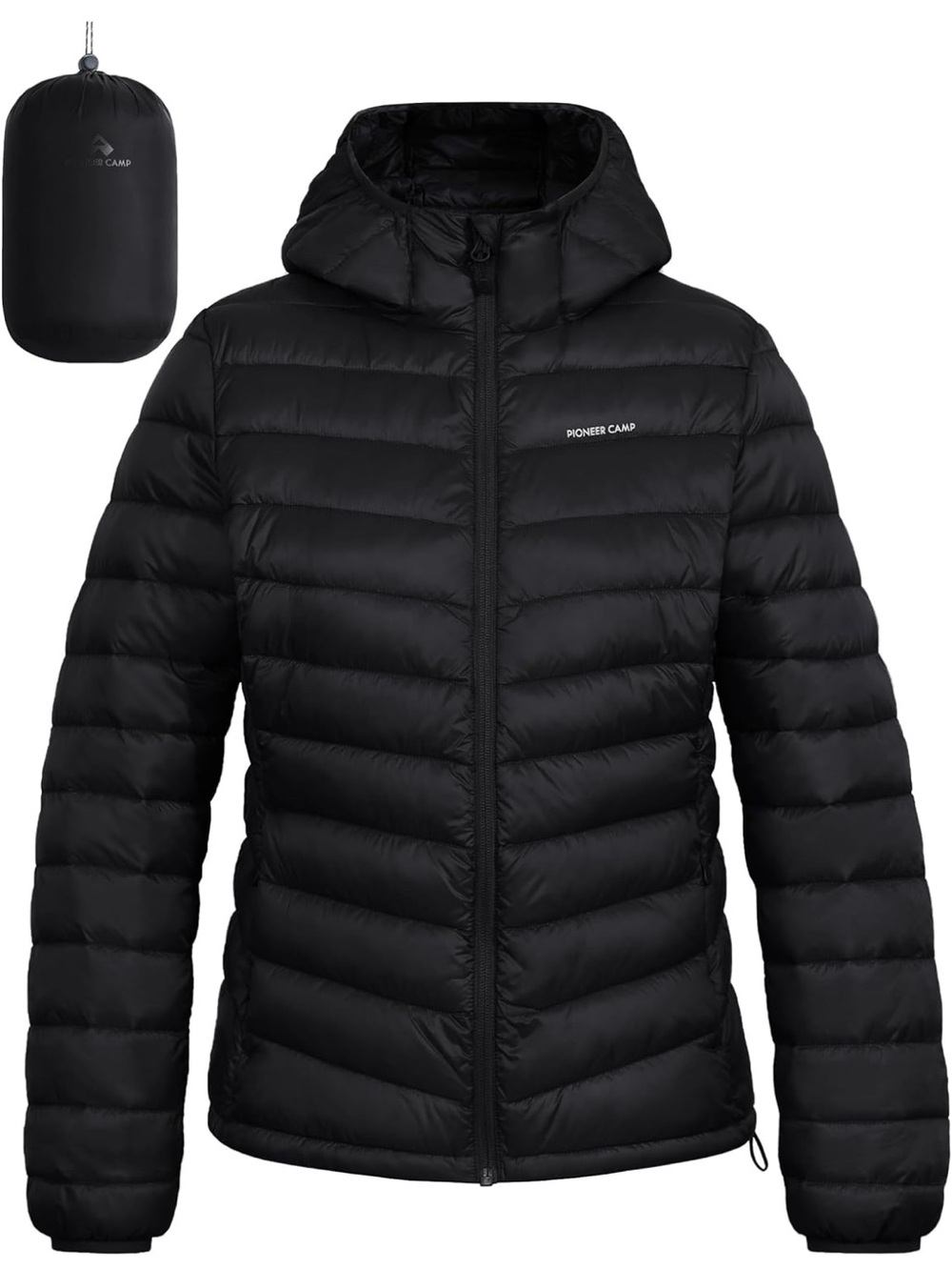 NWT Pioneer Camp Black Packable Down Jacket with Mini Duffle Sleeve